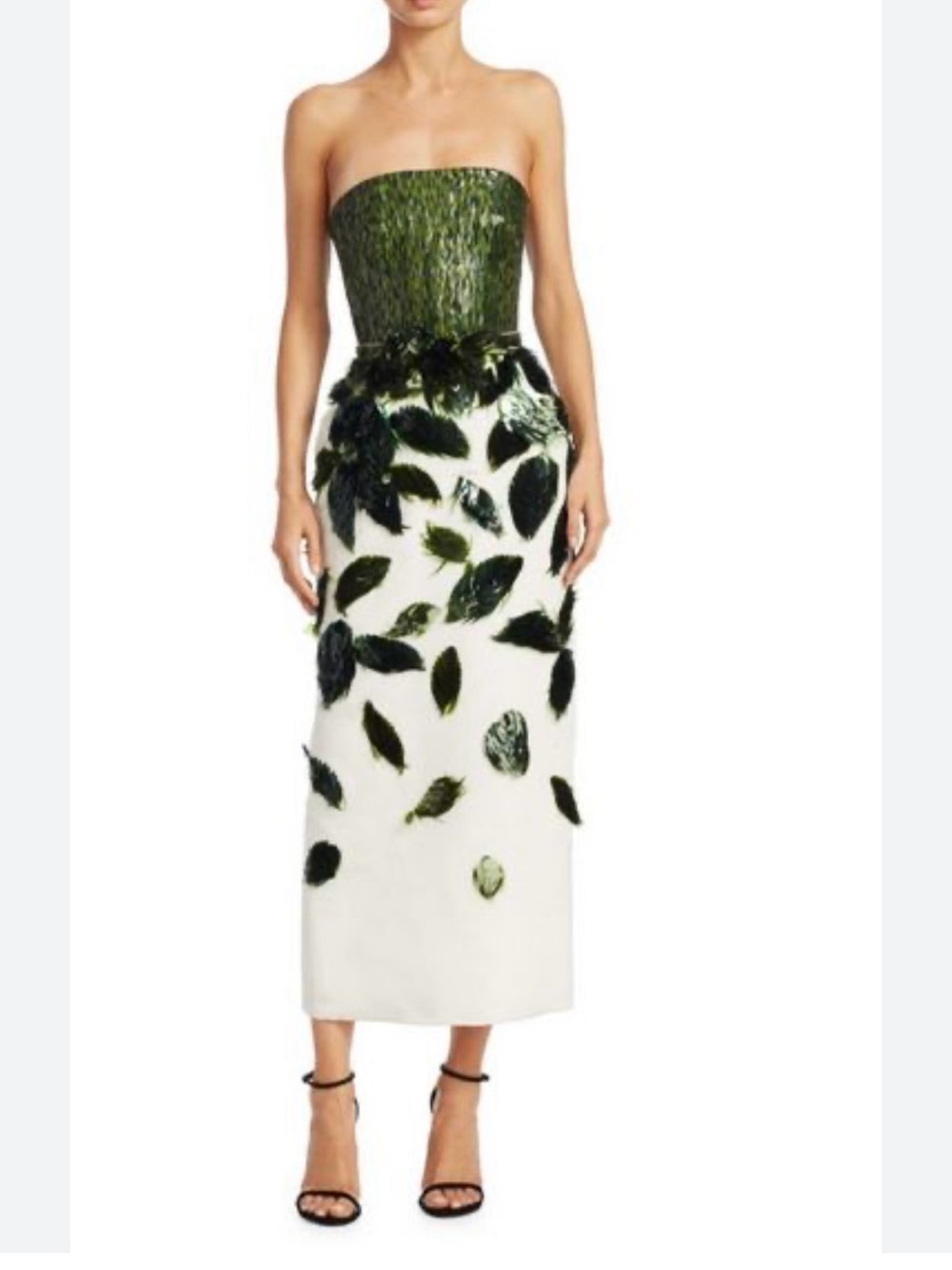 Oscar de la Renta Strapless Green and White Leaf Appliqué Gown - Picture 10 of 14